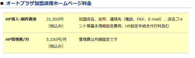 オートプラザ加盟店用ホームページ料金